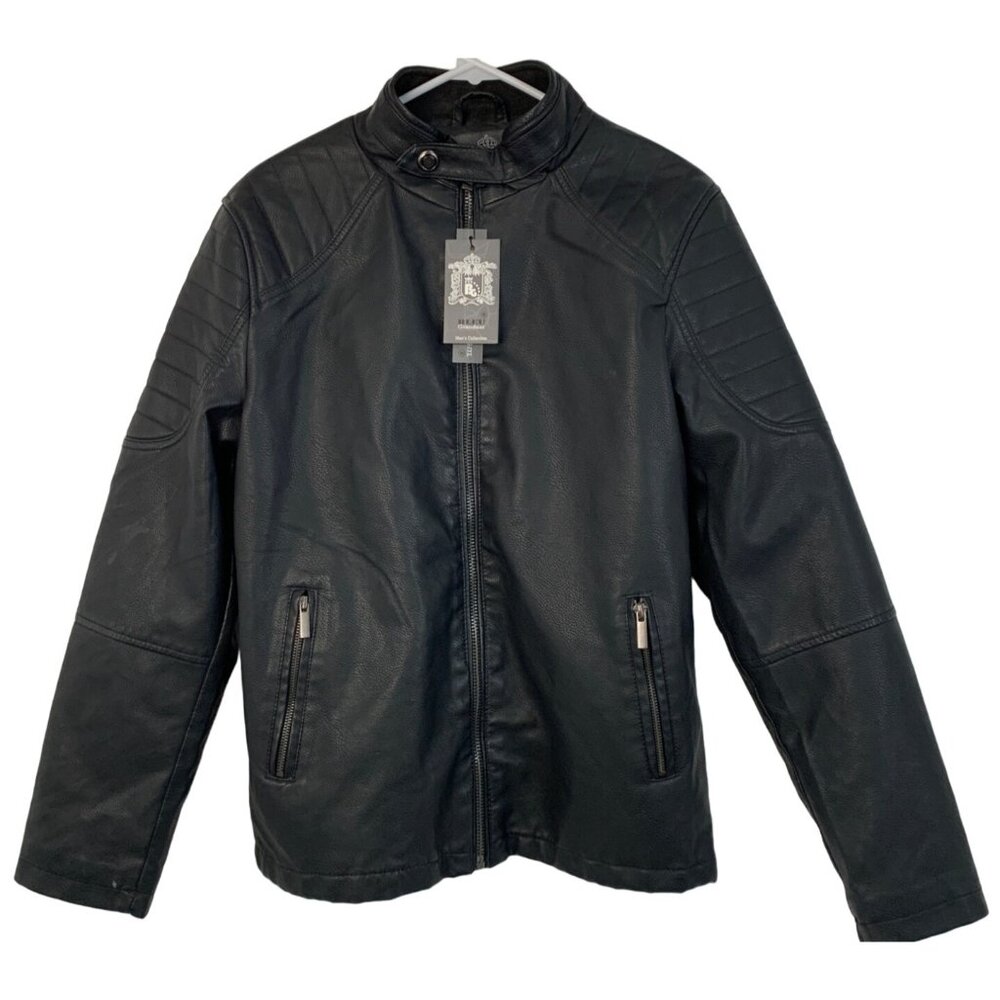 Bleu Grandeur Mens PU Faux Leather Moto Jacket M Black NWT 8604 Plush Zip Quilt